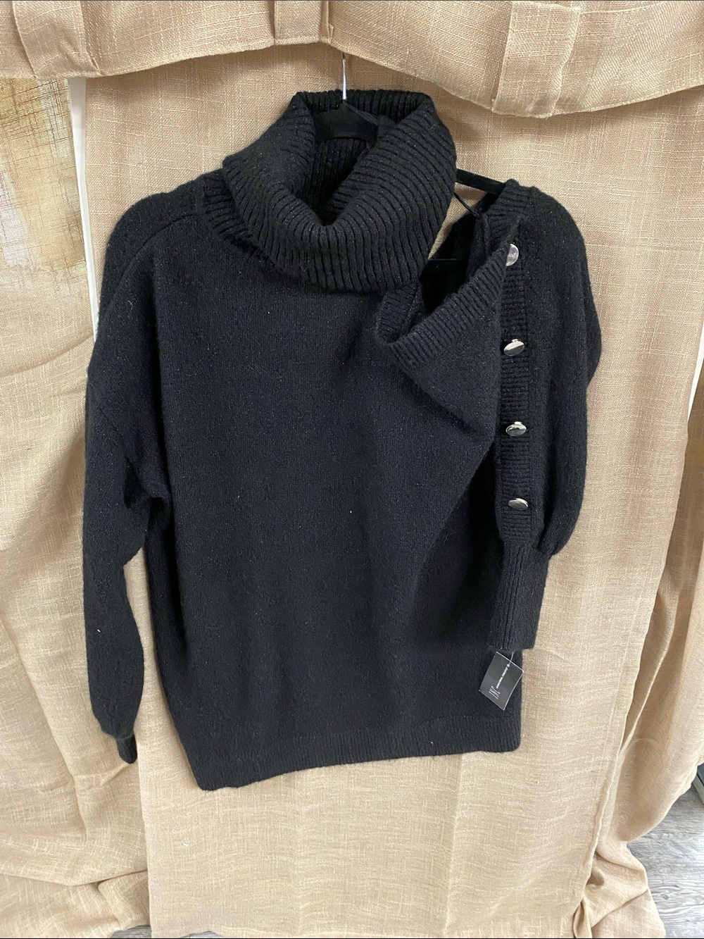 INC International Concepts Black Button-Shoulder Turtleneck Sweater